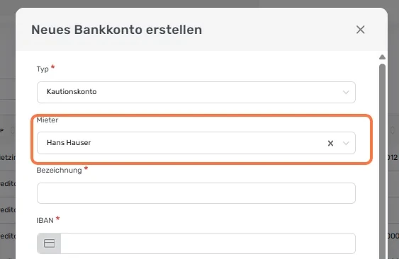 Dialog «Neues Bankkonto erstellen» mit Typ «Kautionskonto», Feld «Mieter» markiert