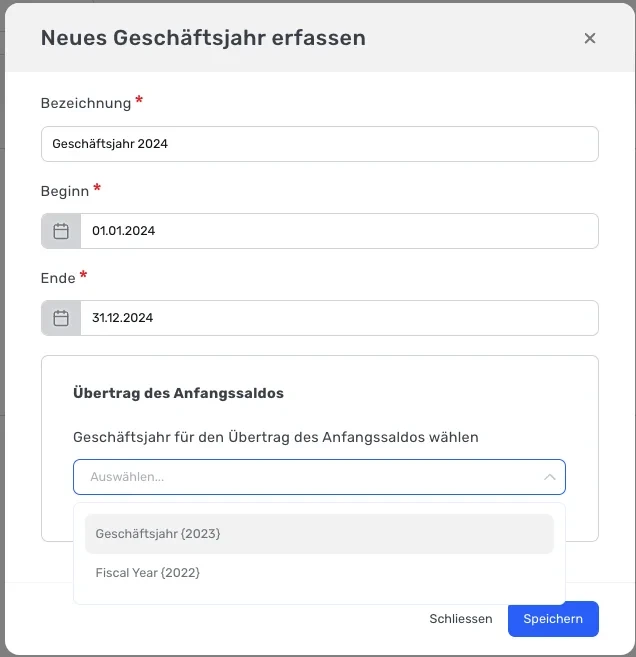 Dialog «Neues Geschäftsjahr erfassen» mit Auswahl des Vorjahres unter «Übertrag des Anfangssaldos»