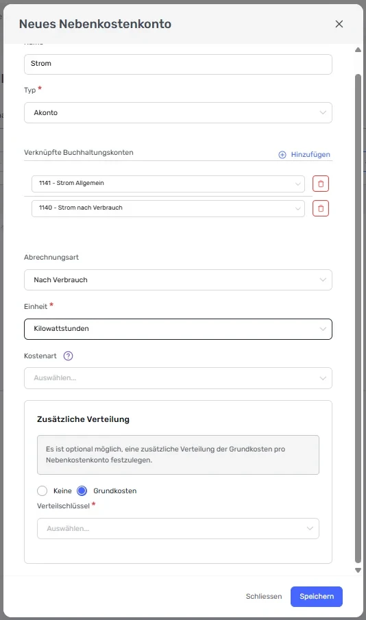Dialog «Neues Nebenkostenkonto» mit Abrechnungsart «Nach Verbrauch», Einheit und «Zusätzliche Verteilung»