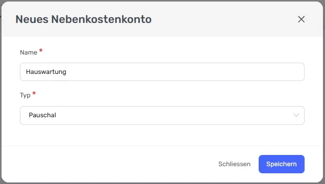 Dialog «Neues Nebenkostenkonto» mit Name und Typ «Pauschal»