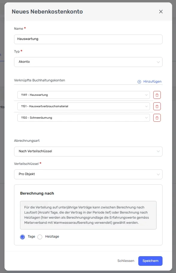 Dialog «Neues Nebenkostenkonto» mit Typ «Akonto», verknüpften Buchhaltungskonten und Abrechnung nach Verteilschlüssel