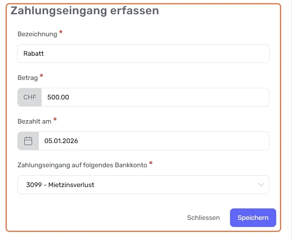 Dialog «Zahlungseingang erfassen» mit Bezeichnung «Rabatt» und Konto «3099 - Mietzinsverlust»