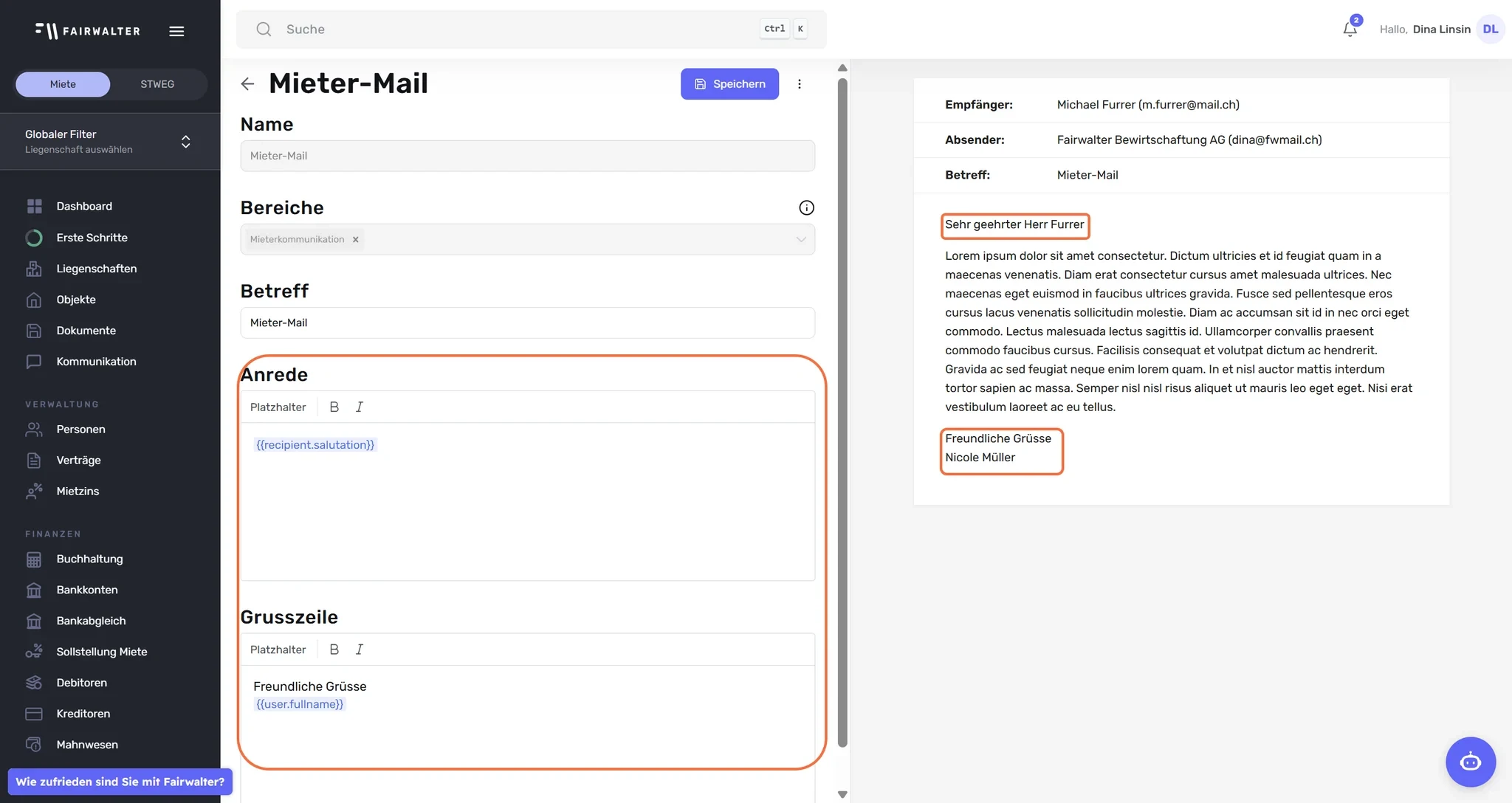 E-Mail-Vorlage mit markierten Feldern «Anrede» und «Grusszeile», rechts deren Darstellung in der Vorschau