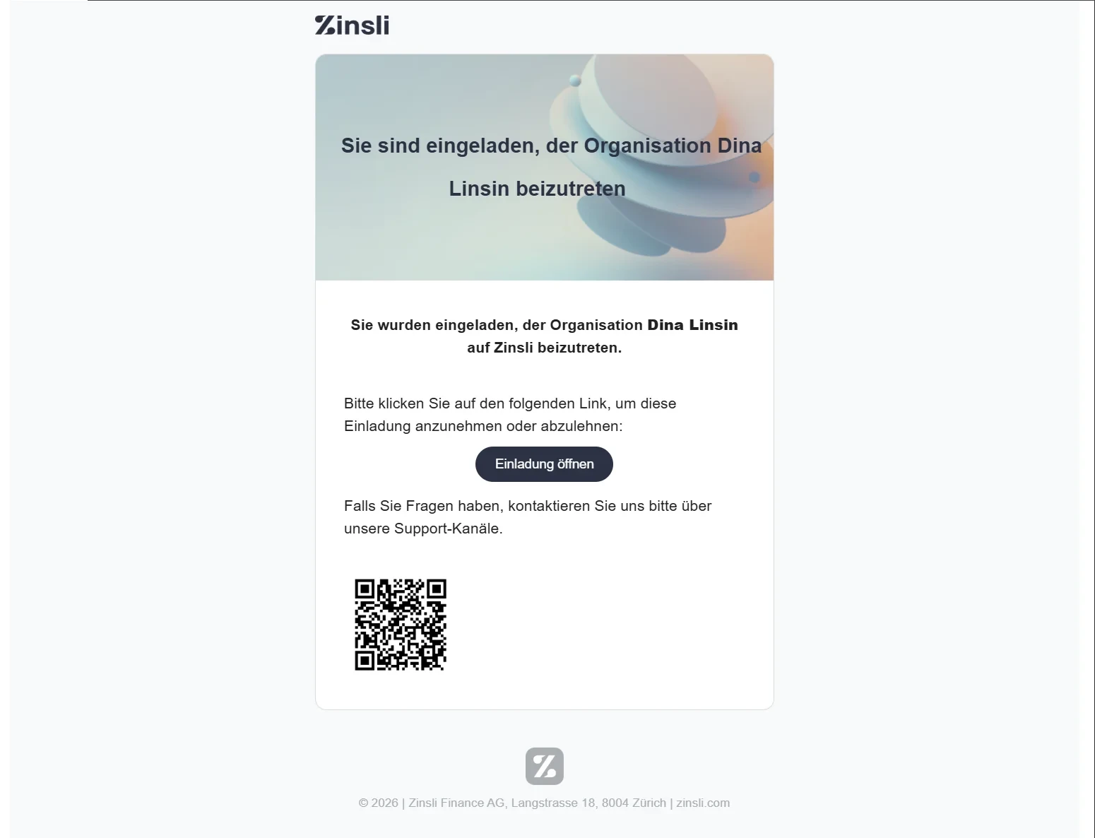 Einladungs-E-Mail von Zinsli zum Beitritt zur Organisation mit Schaltfläche «Einladung öffnen»