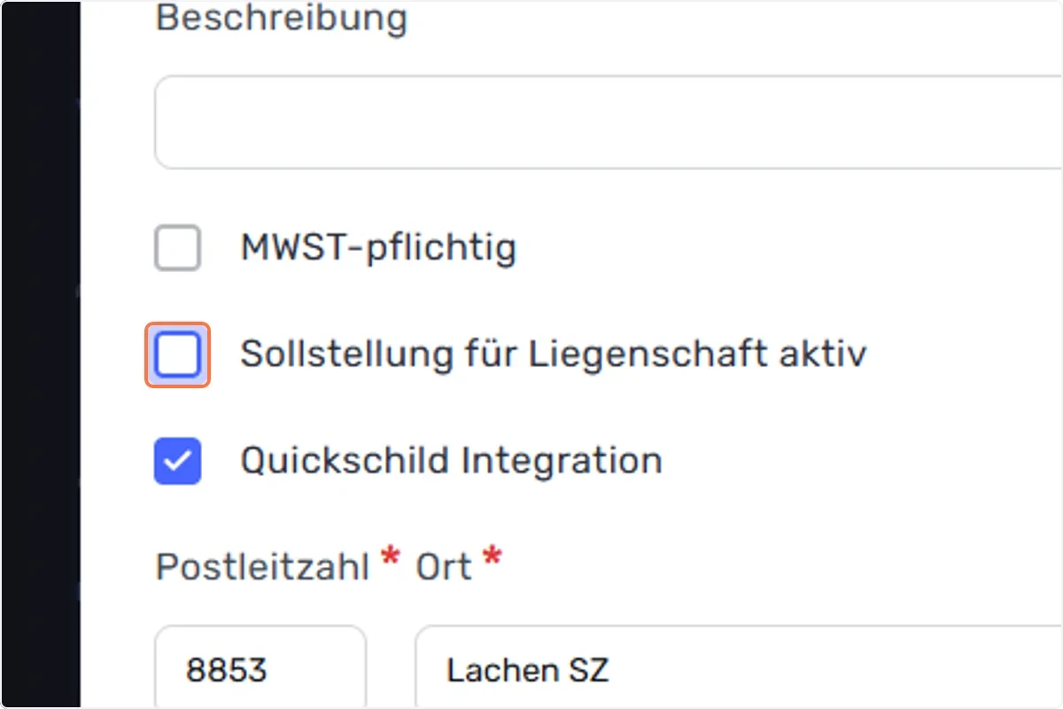 Entfernen Sie nun das Häkchen bei «Sollstellung für Liegenschaft aktiv» und bestätigen mit «Speichern»