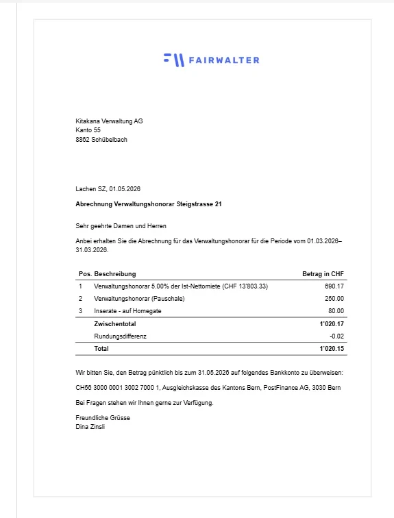 Erstellte Verwaltungshonorar-Rechnung als PDF mit Positionen, Zwischentotal und Total