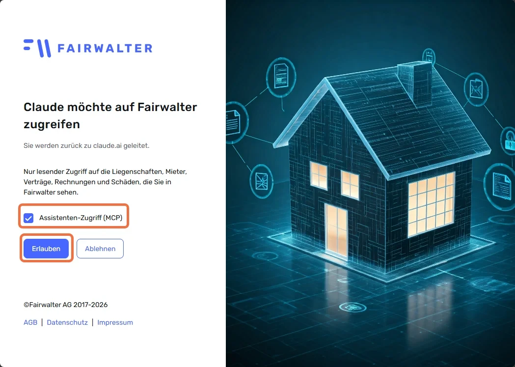Fairwalter-Seite «Claude möchte auf Fairwalter zugreifen» mit markiertem «Assistenten-Zugriff (MCP)» und «Erlauben»