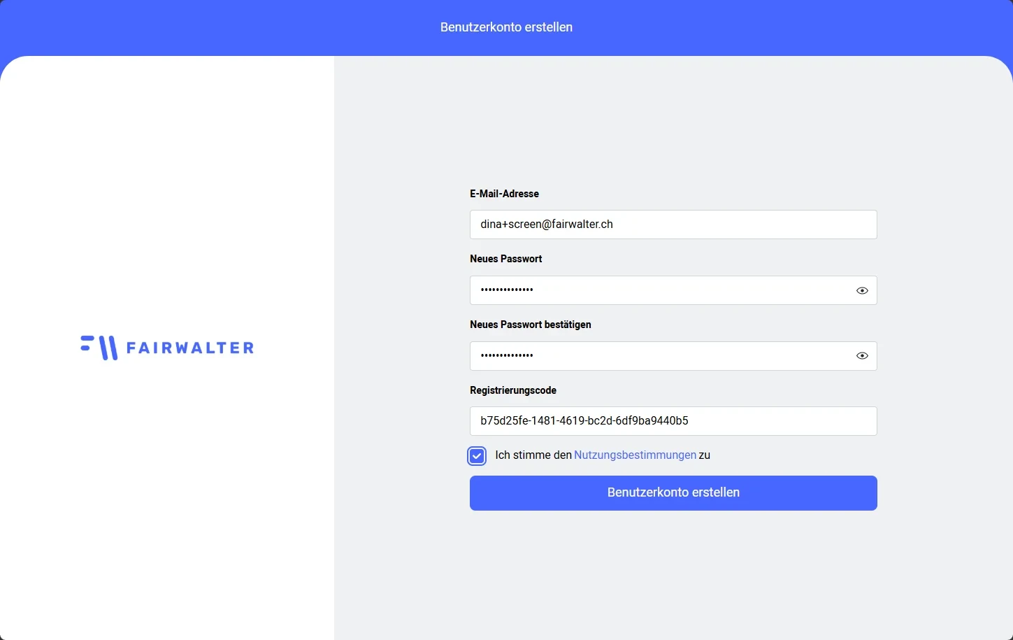 Formular «Benutzerkonto erstellen» der Abnahme App mit E-Mail, Passwort und Registrierungscode