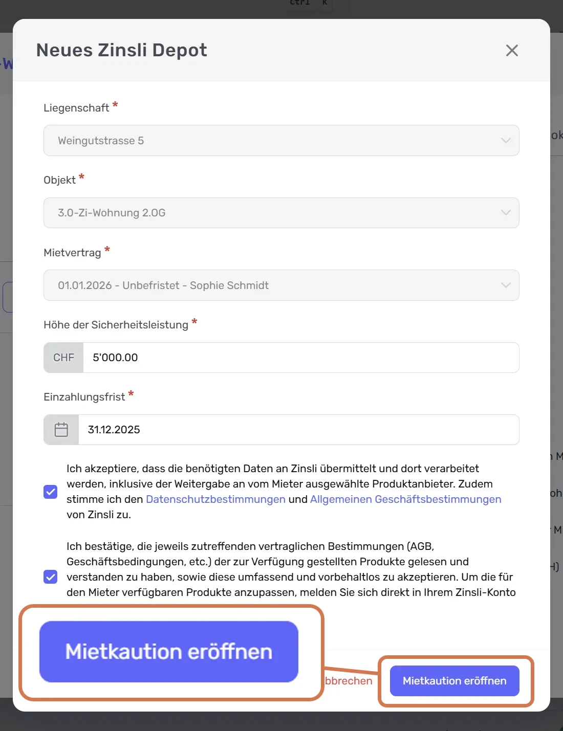 Formular «Neues Zinsli Depot» mit Zustimmungen, Button «Mietkaution eröffnen» markiert