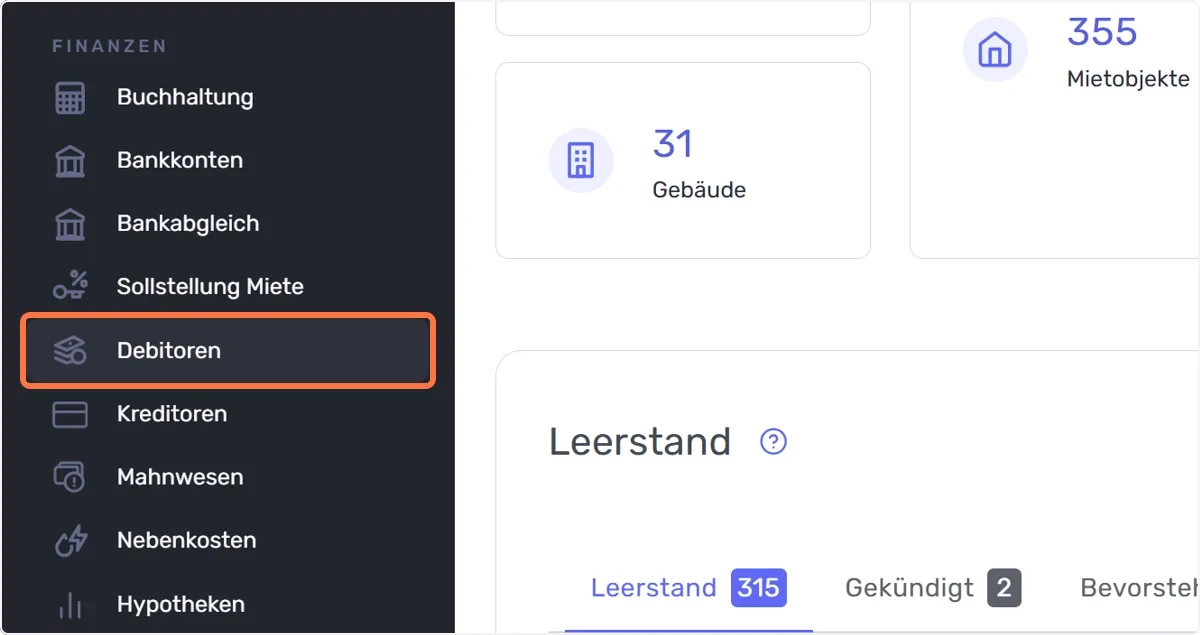 Gehen Sie im linken Menü-Reiter auf “Debitoren”