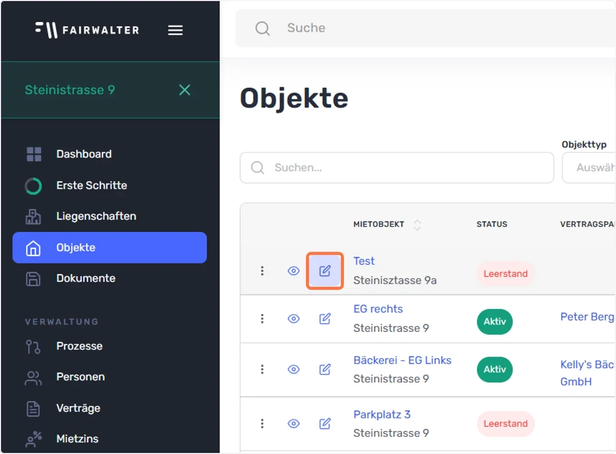 Gehen Sie im linken Menü-Reiter auf “Objekte” und wählen Sie beim zu bearbeitenden Objekt den “Bearbeiten Button” aus