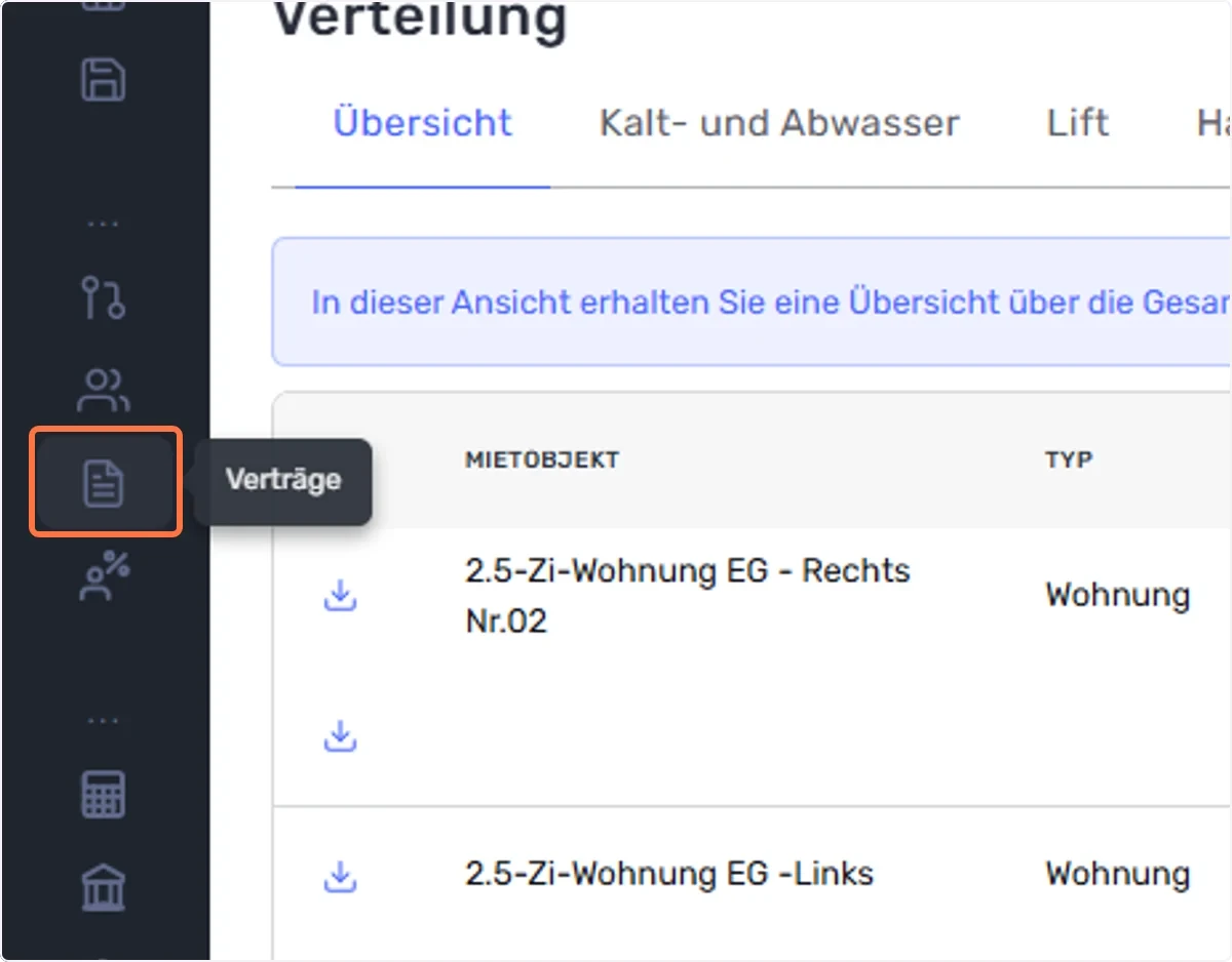 Gehen Sie im linken Menü-Reiter auf “Verträge”
