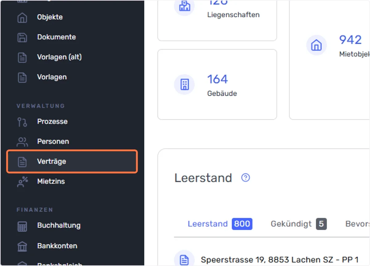 Gehen Sie im rechten Menü-Reiter auf “Verträge”