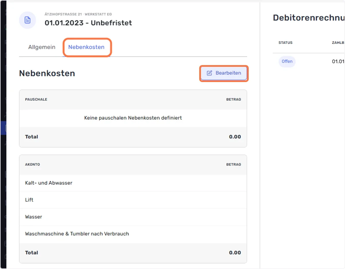 Gehen Sie nun auf den Reiter Nebenkosten und klicken Sie auf “Bearbeiten”