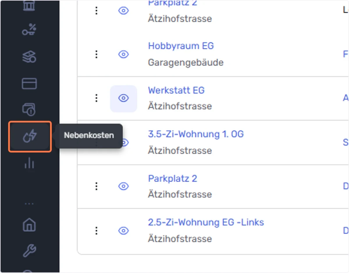 Gehen Sie nun wieder zurück zu den Nebenkosten (im linken Menü-Reiter)