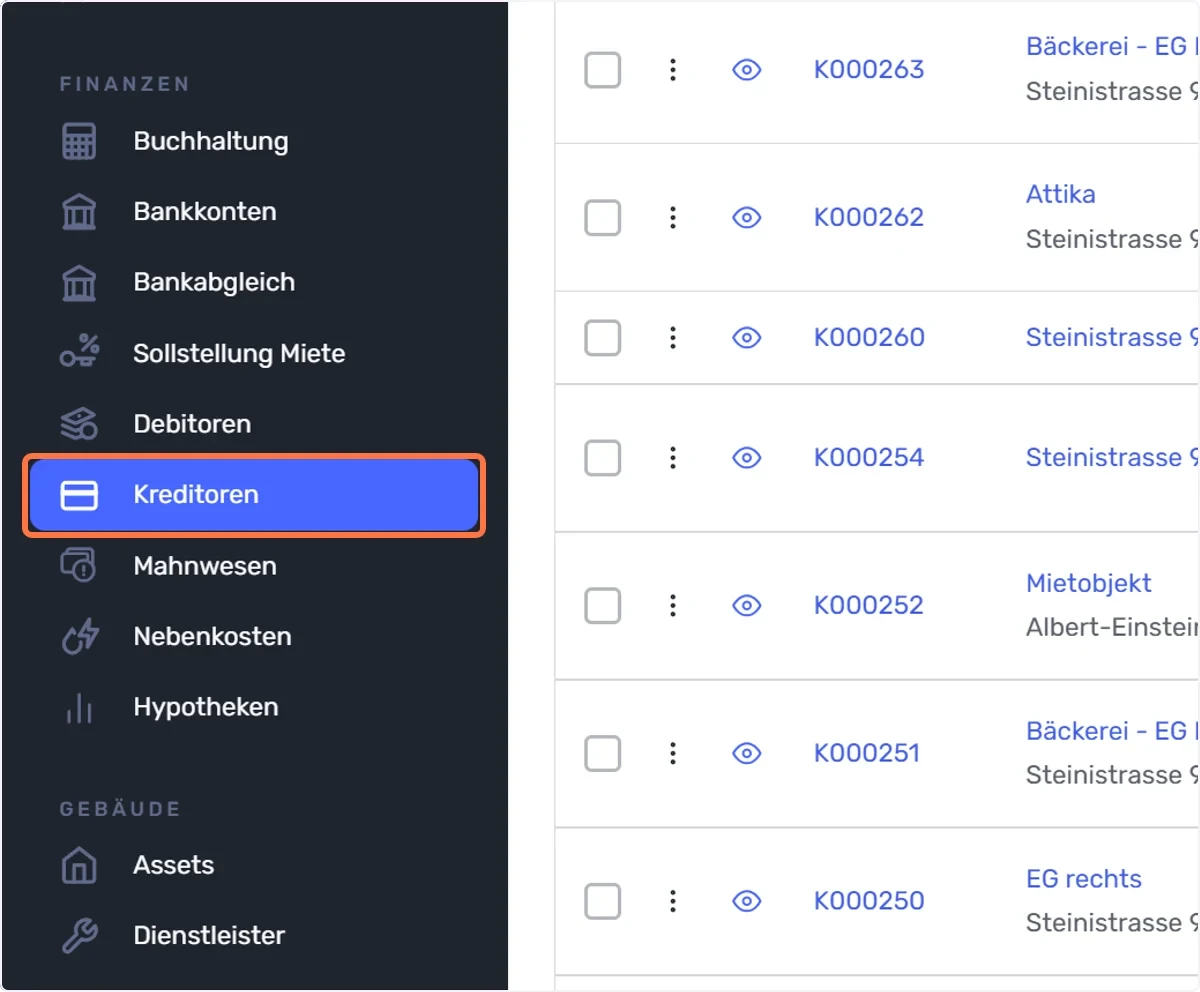 Gehen Sie zu Kreditoren