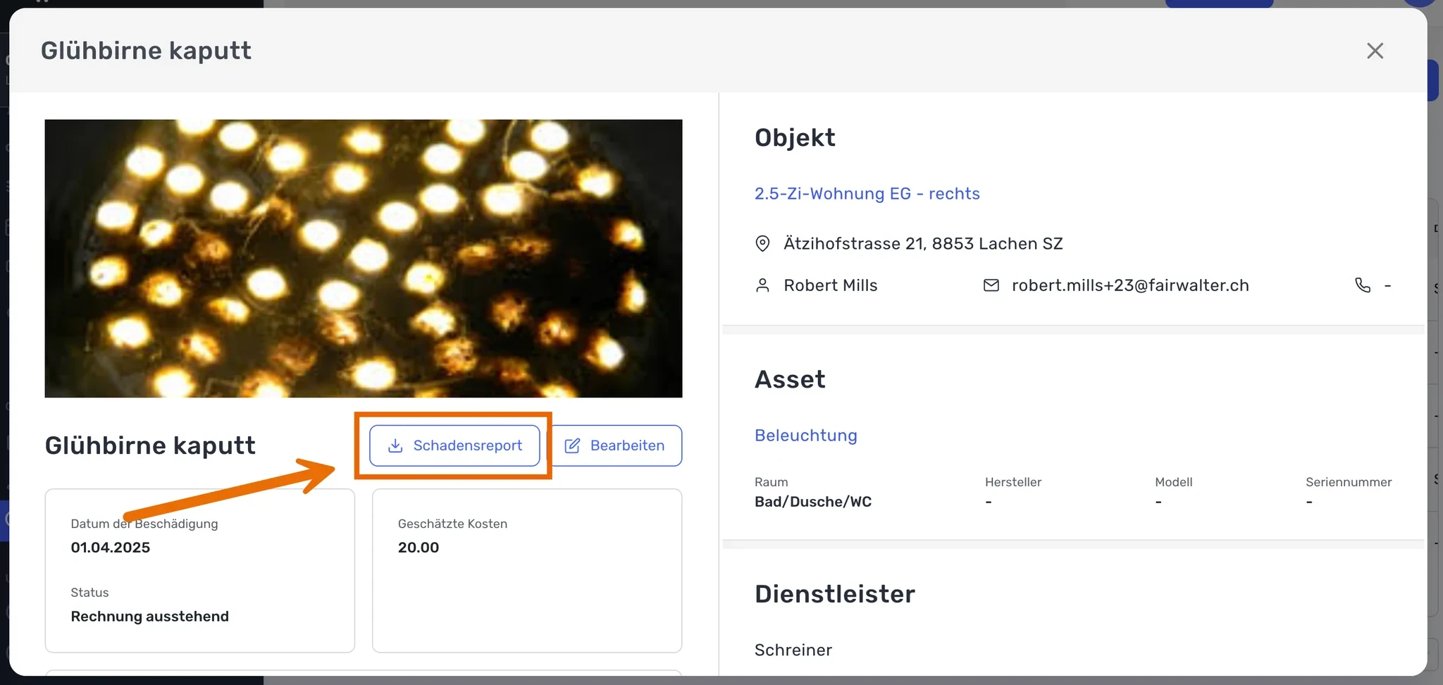 Geöffneter Schadensfall mit markiertem Button «Schadensreport»