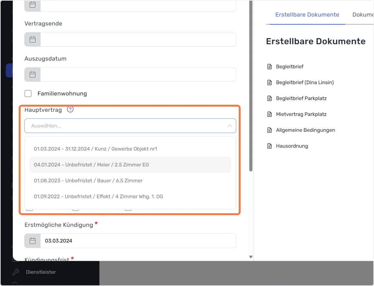 Hauptvertrag aus dem Dropdown auswählen