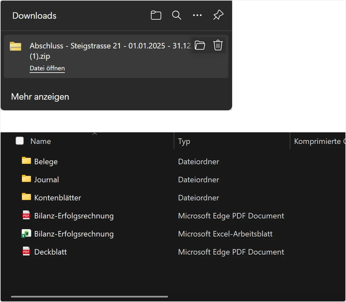 Heruntergeladene ZIP-Datei des Abschlusses mit Ordnern «Belege», «Journal», «Kontenblätter» sowie Bilanz und Deckblatt