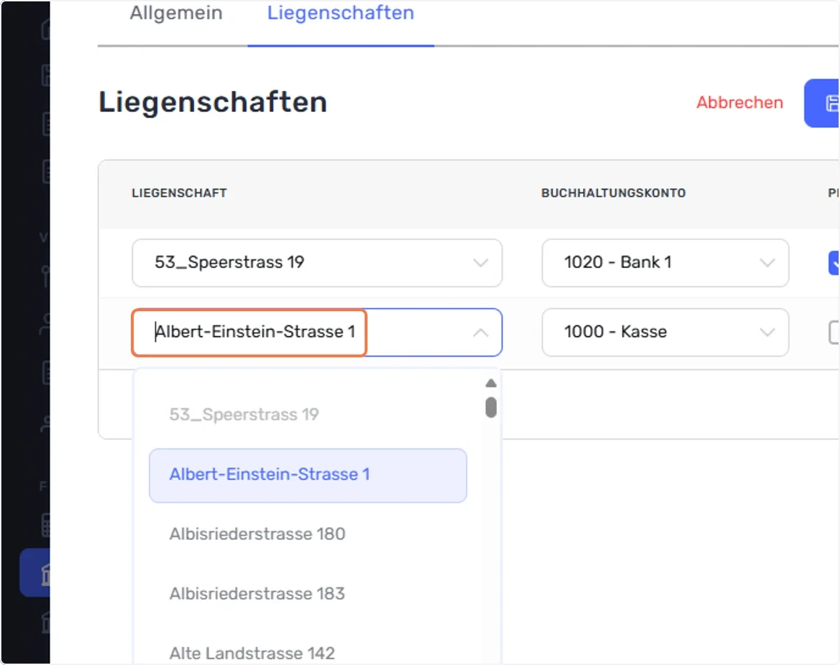 “+ Hinzufügen” klicken und aus dem Dropdown die gewünschte Liegenschaft anwählen