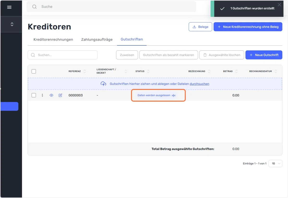 Hochladen der Gutschrift