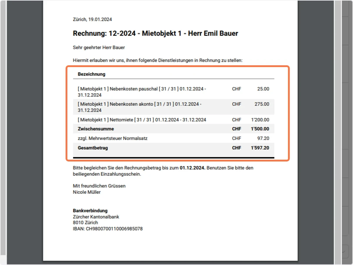 Im Rechnungsdokument erscheint nun die MWST