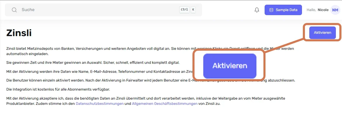 Integrationsseite «Zinsli» mit hervorgehobener Schaltfläche «Aktivieren» oben rechts