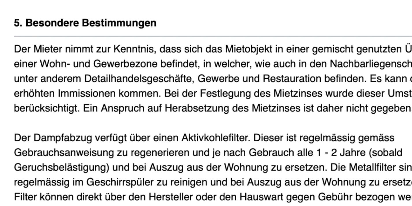 Kapitel «5. Besondere Bestimmungen» im Mietvertrag mit vertragsspezifischem Beispieltext