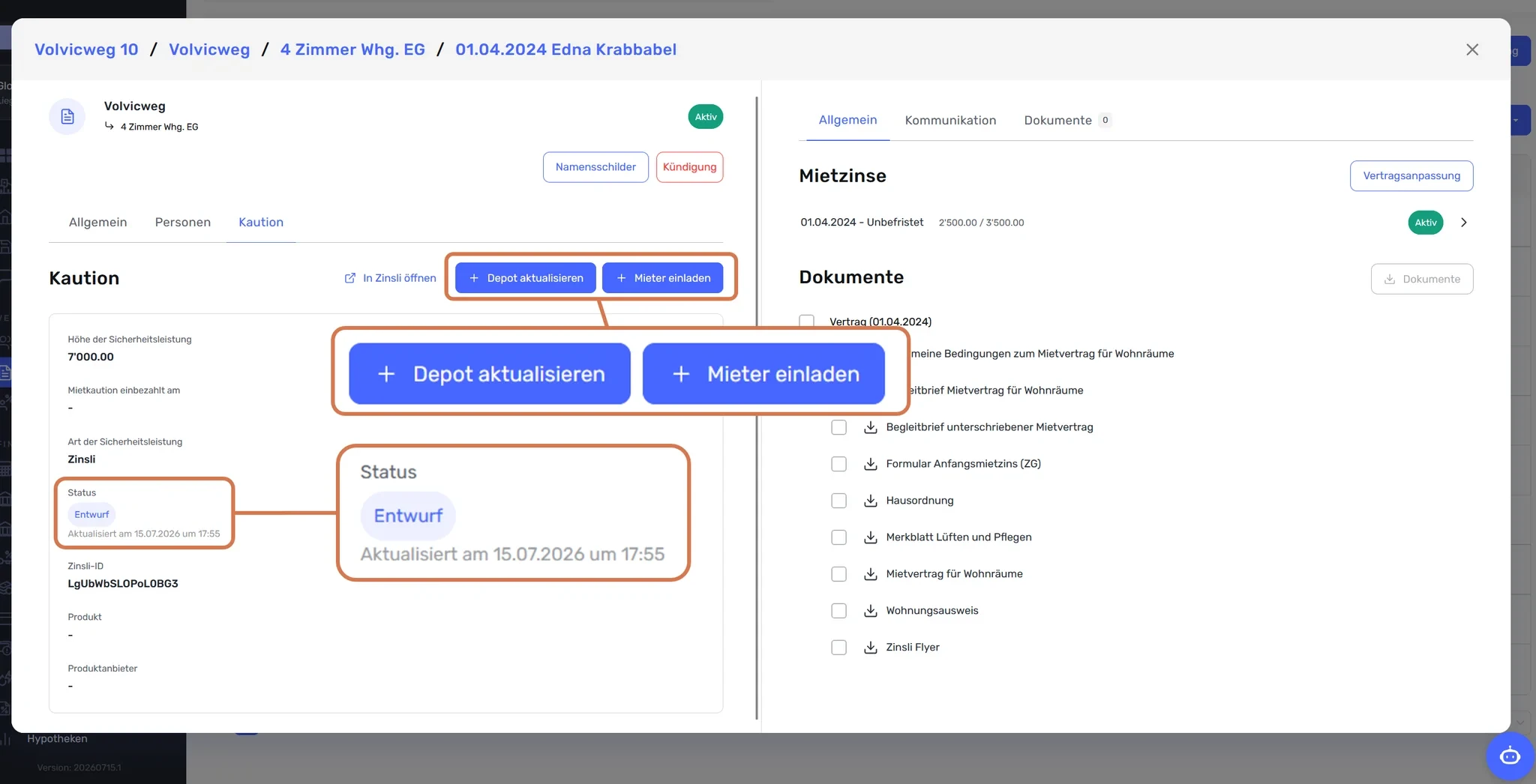 Kaution im Status «Entwurf», Buttons «Depot aktualisieren» und «Mieter einladen» markiert