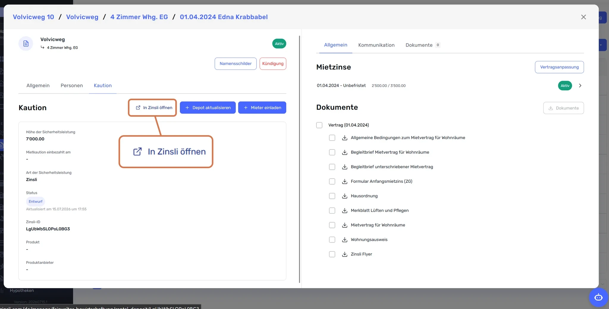 Kaution im Vertragsdetail, Button «In Zinsli öffnen» markiert