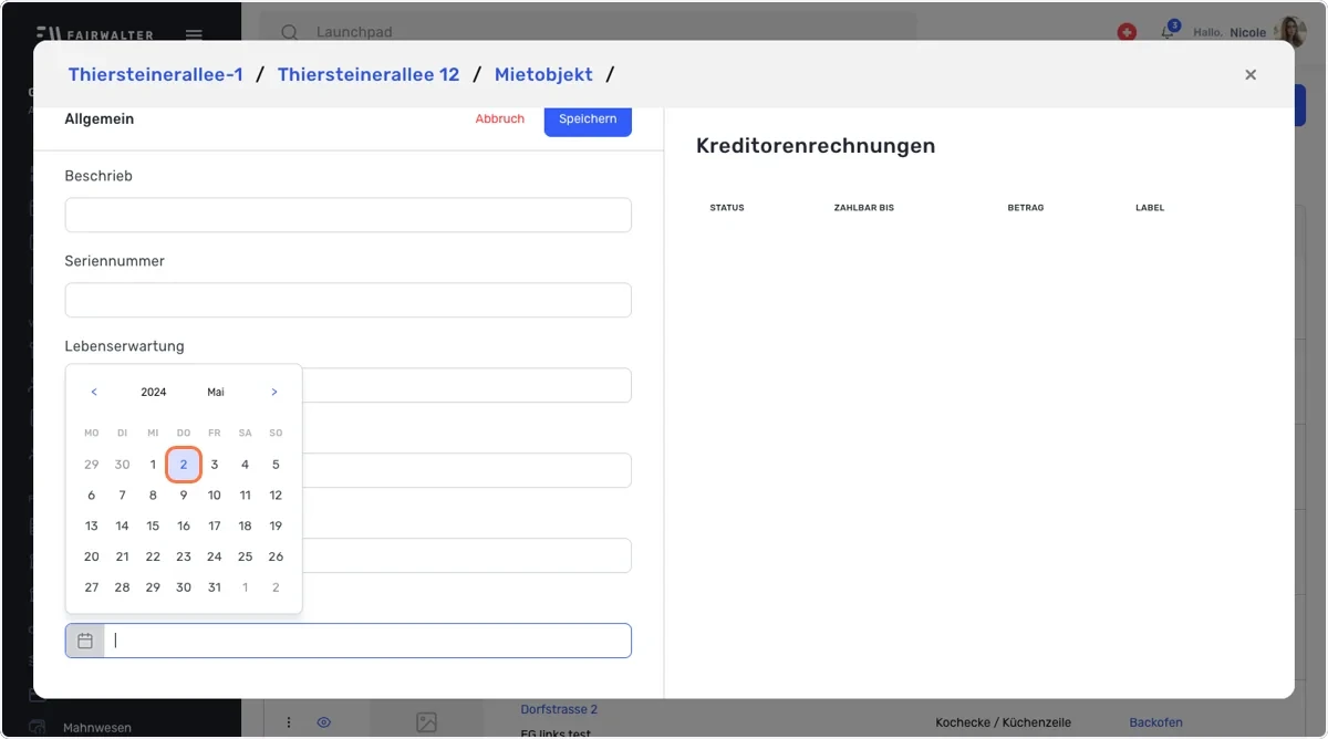 Asset bearbeiten, Datumsfeld mit geöffnetem Kalender und markiertem Tag