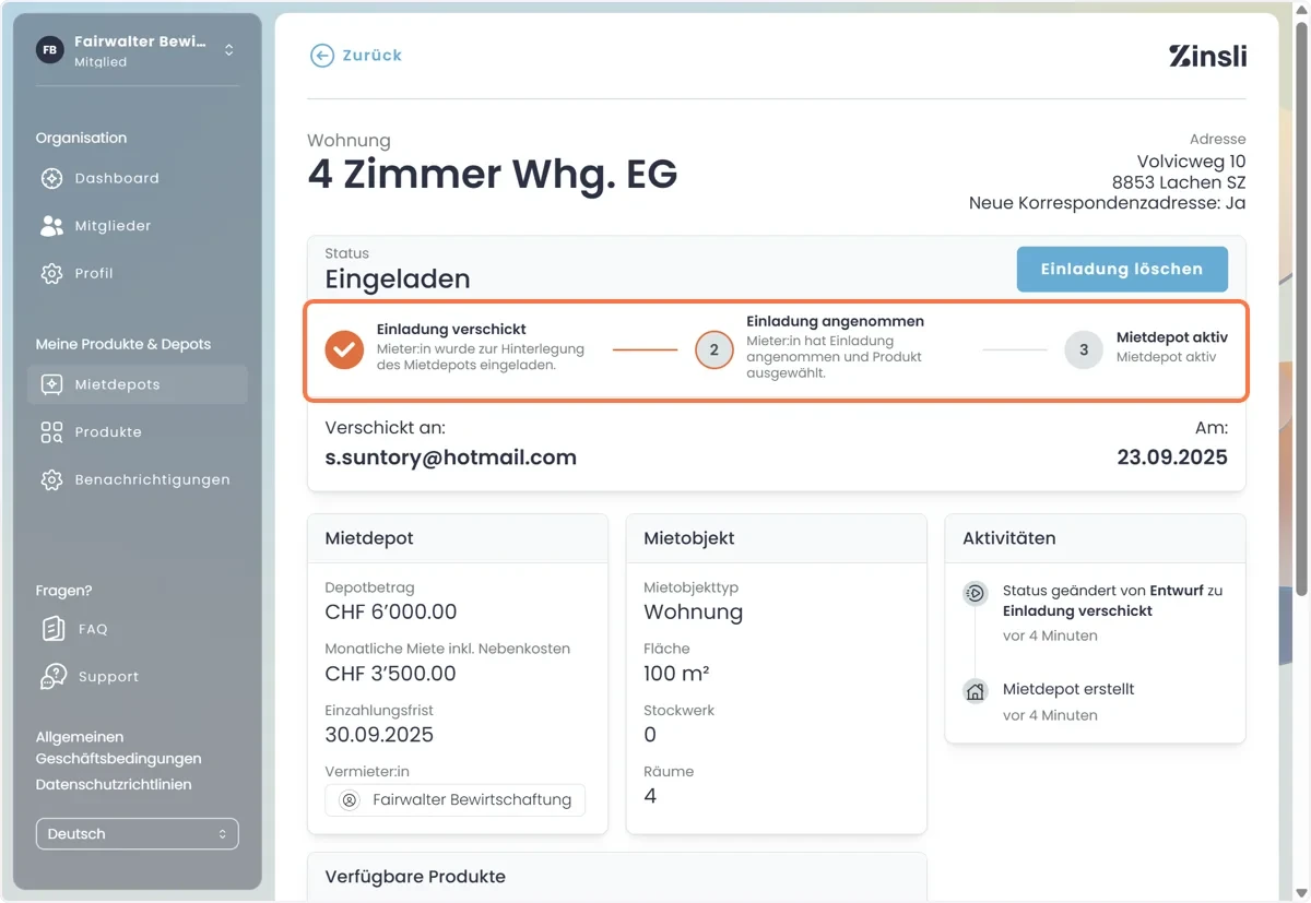Klick auf Einladung verschickt…