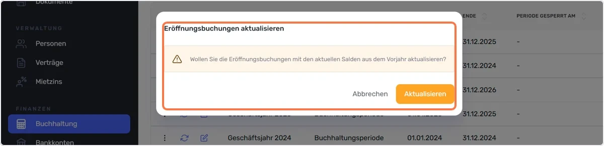 Klick auf Eröffnungsbuchungen aktualisieren