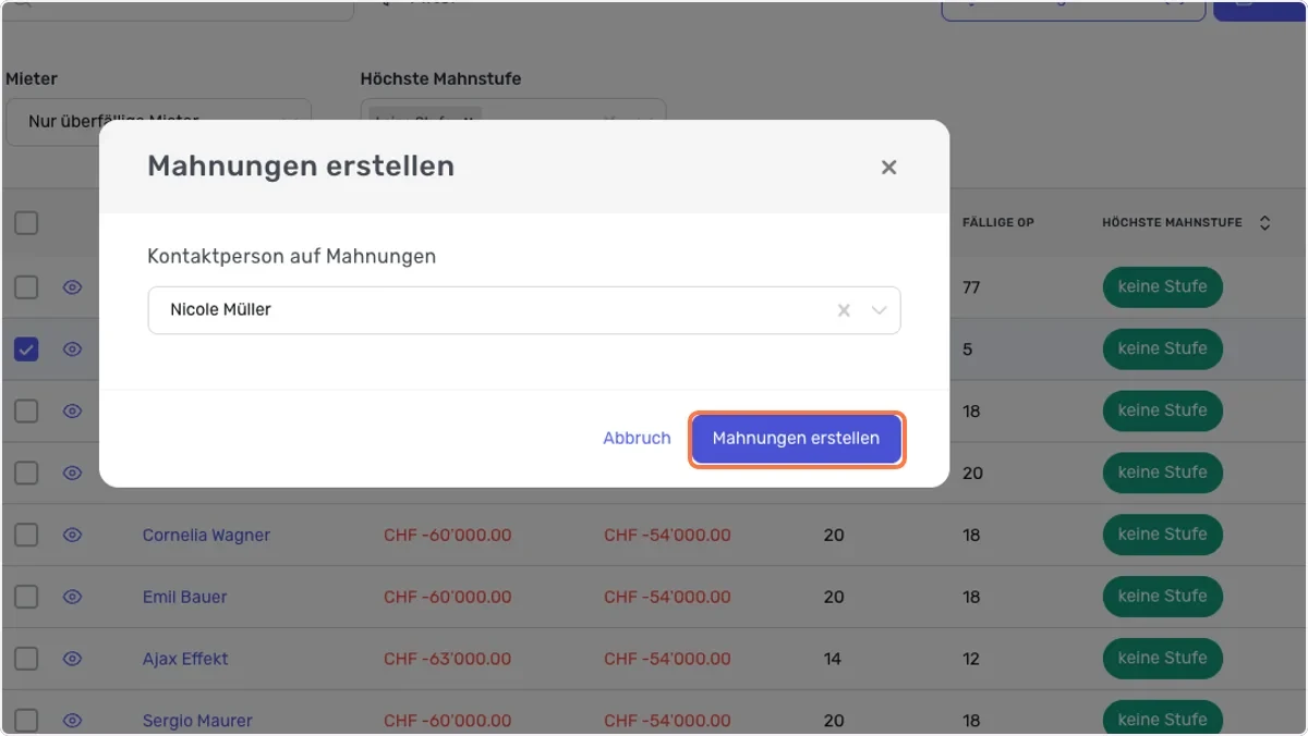 Klick auf Mahnungen erstellen