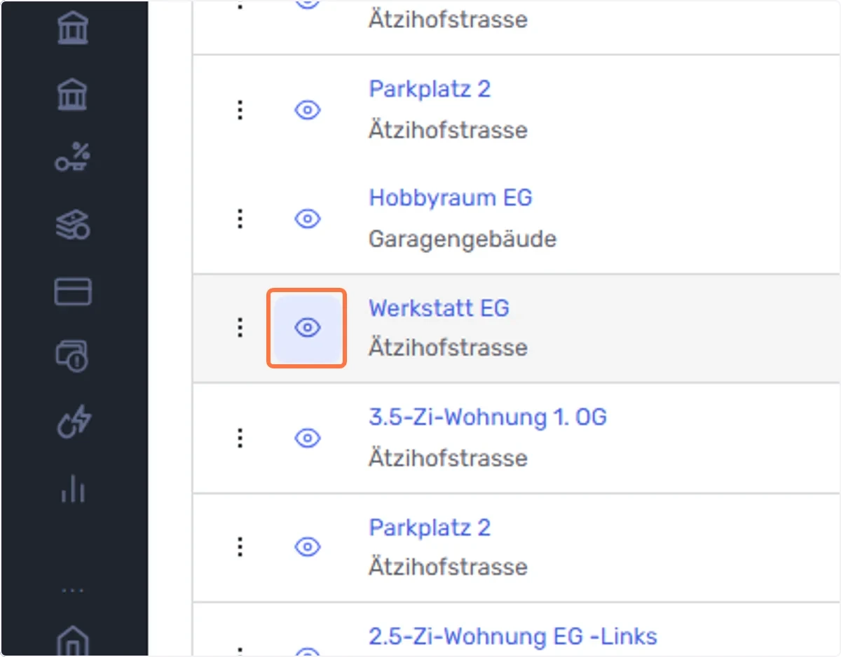 Klicken Sie auf das “Auge” auf den fehlenden Vertrag welcher nicht aufgelistet wurde