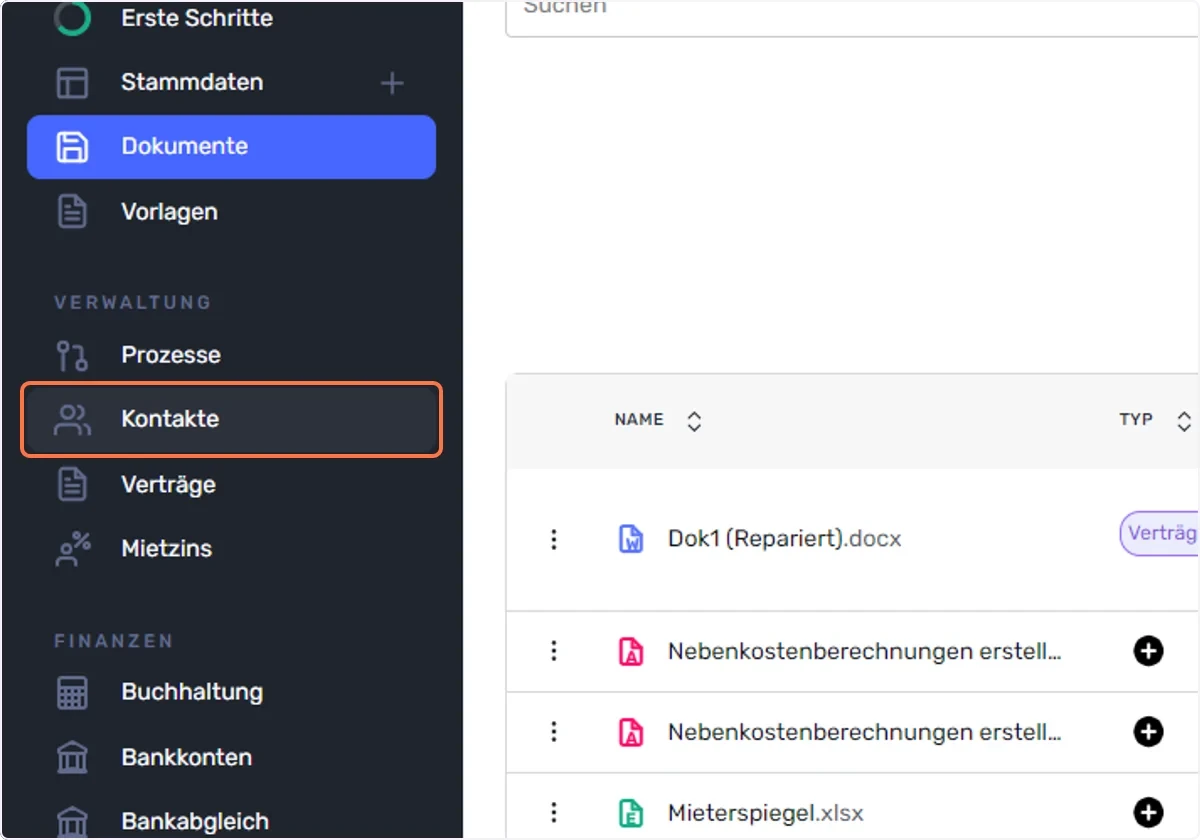 Klicken Sie in der linken Navigationsleiste auf ’‘Kontakte’’