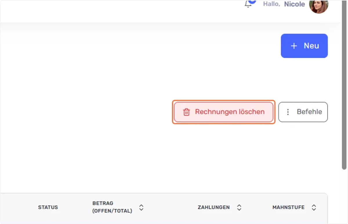 Klicken Sie auf <<Rechnungen löschen>>