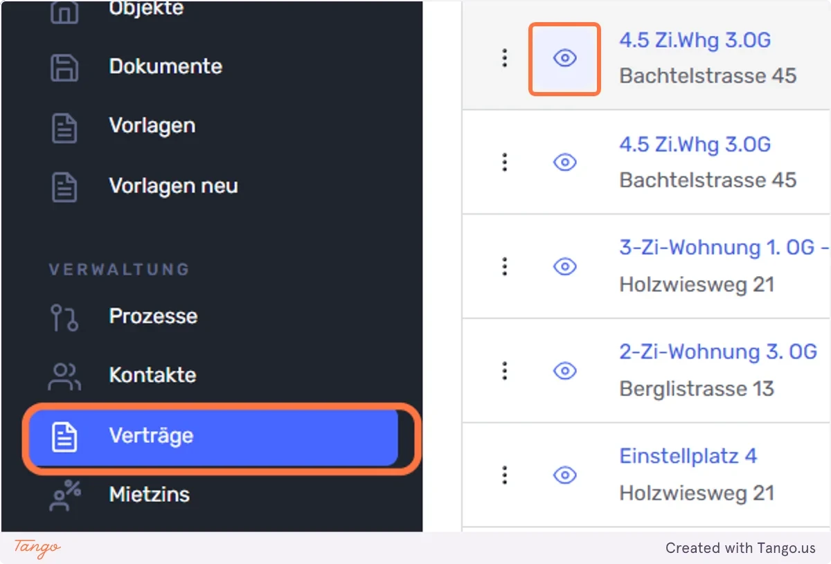 Klicken Sie auf ‘’ Verträge’’ und beim zu bearbeitenden Vertrag auf das ’‘Auge’’