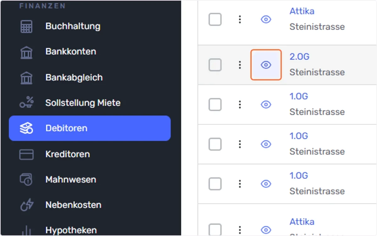 Klicken Sie im linken Menü auf den Reiter “Debitoren” und wählen Sie die gewünschte Rechnung aus, indem Sie auf das “Augensymbol” klicken