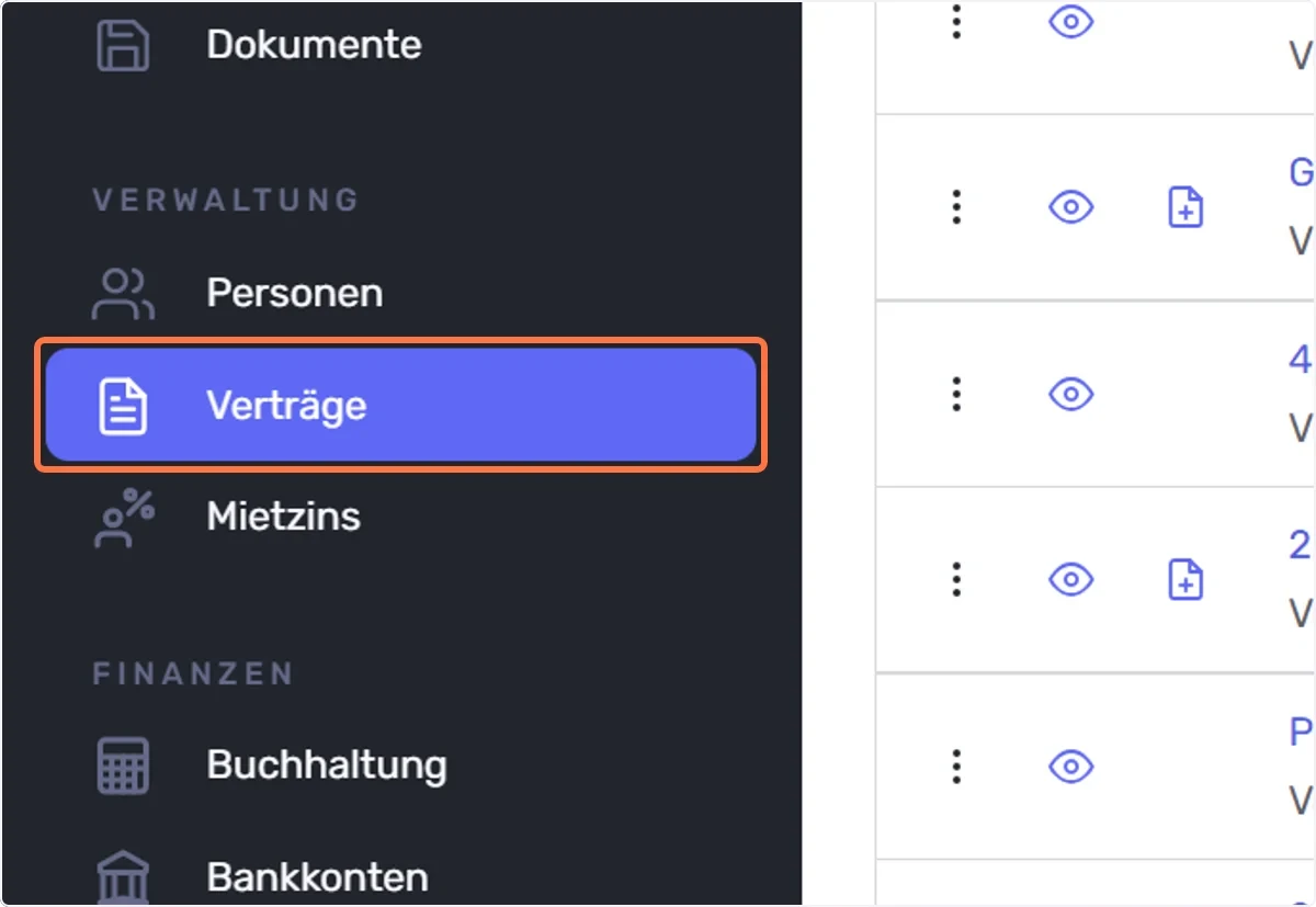Klicken Sie im linken Menü auf den Reiter “Verträge”