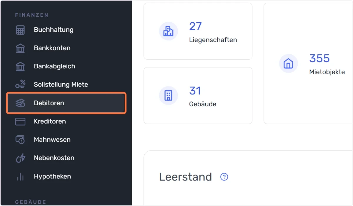 Klicken Sie im linken Menü-Reiter auf “Debitoren”