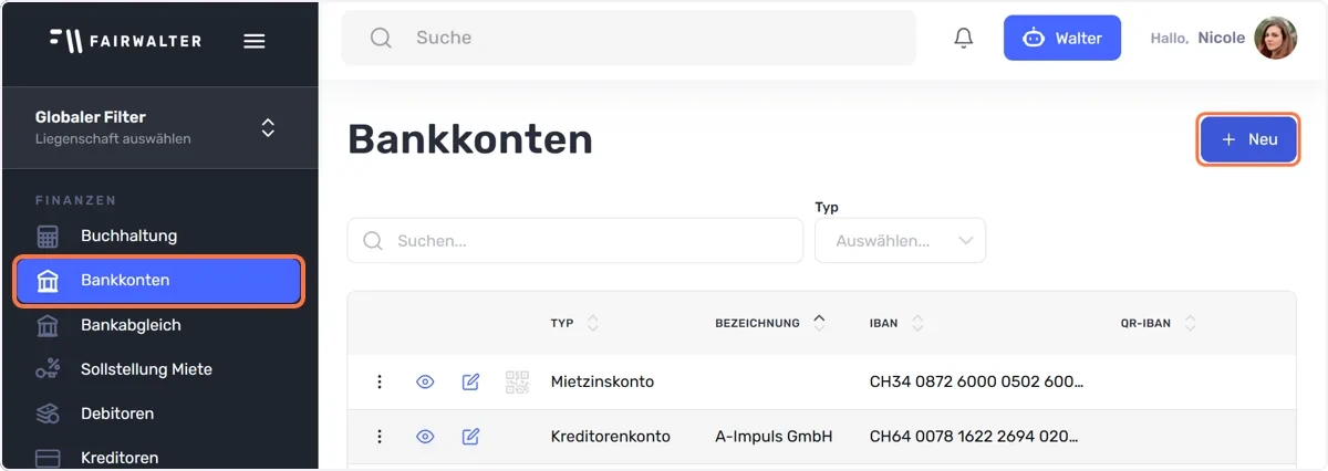 Klicken Sie im linken Menü-Reiter auf “Bankkonten” und auf den Button “ +Neu”