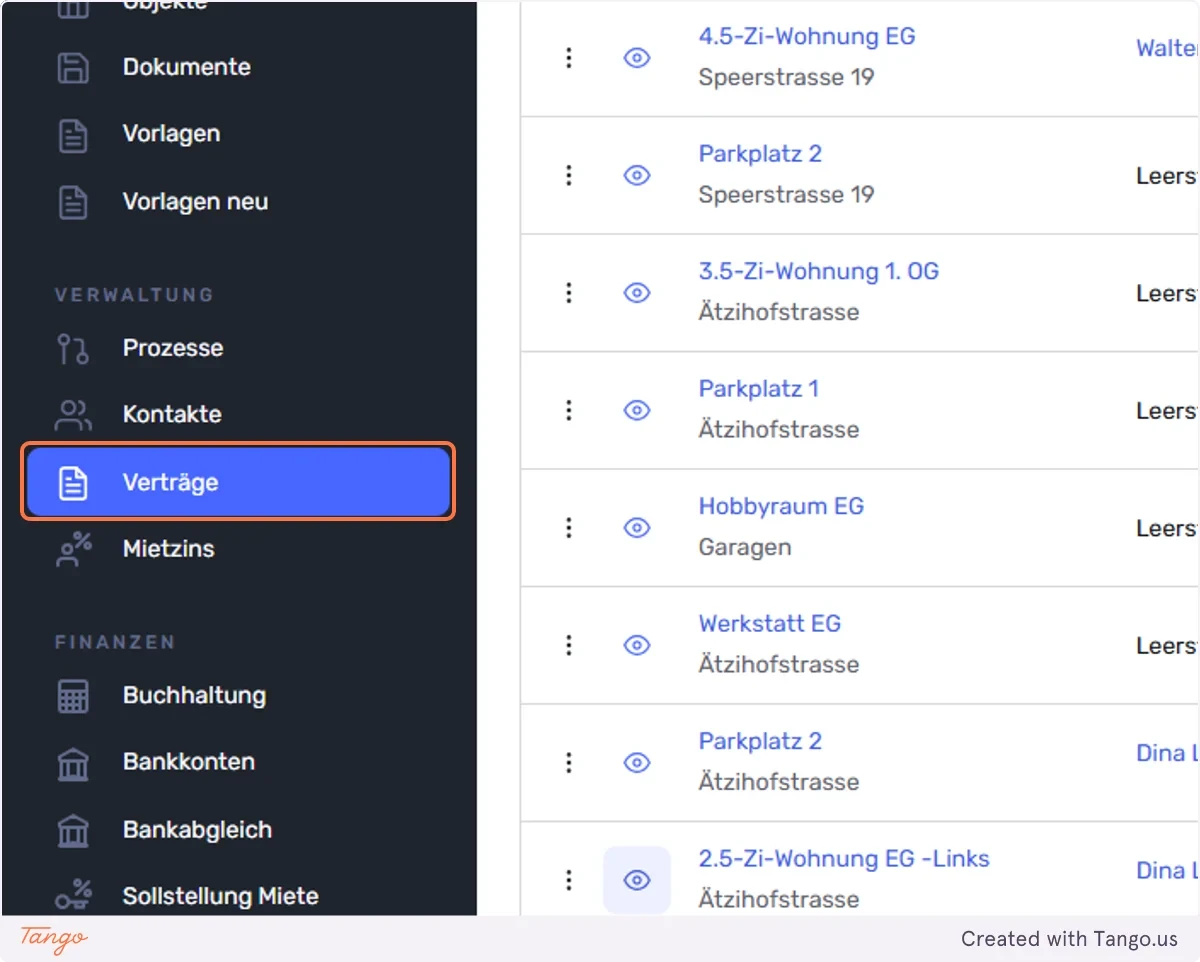 Klicken Sie im Menü auf ’‘Verträge’’