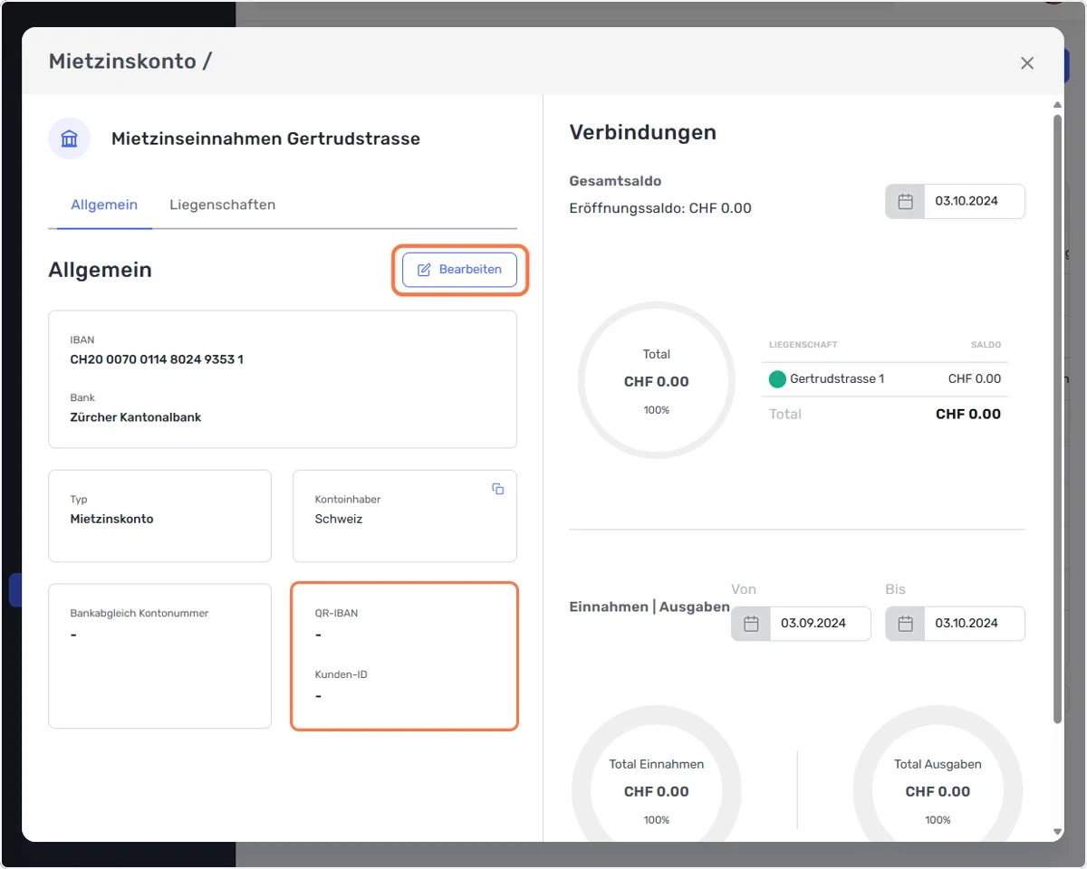 Klicken Sie im Reiter ’‘Allgemein’’ auf ’‘Bearbeiten’’, um die QR-IBAN-Verknüpfung zu vervollständigen.