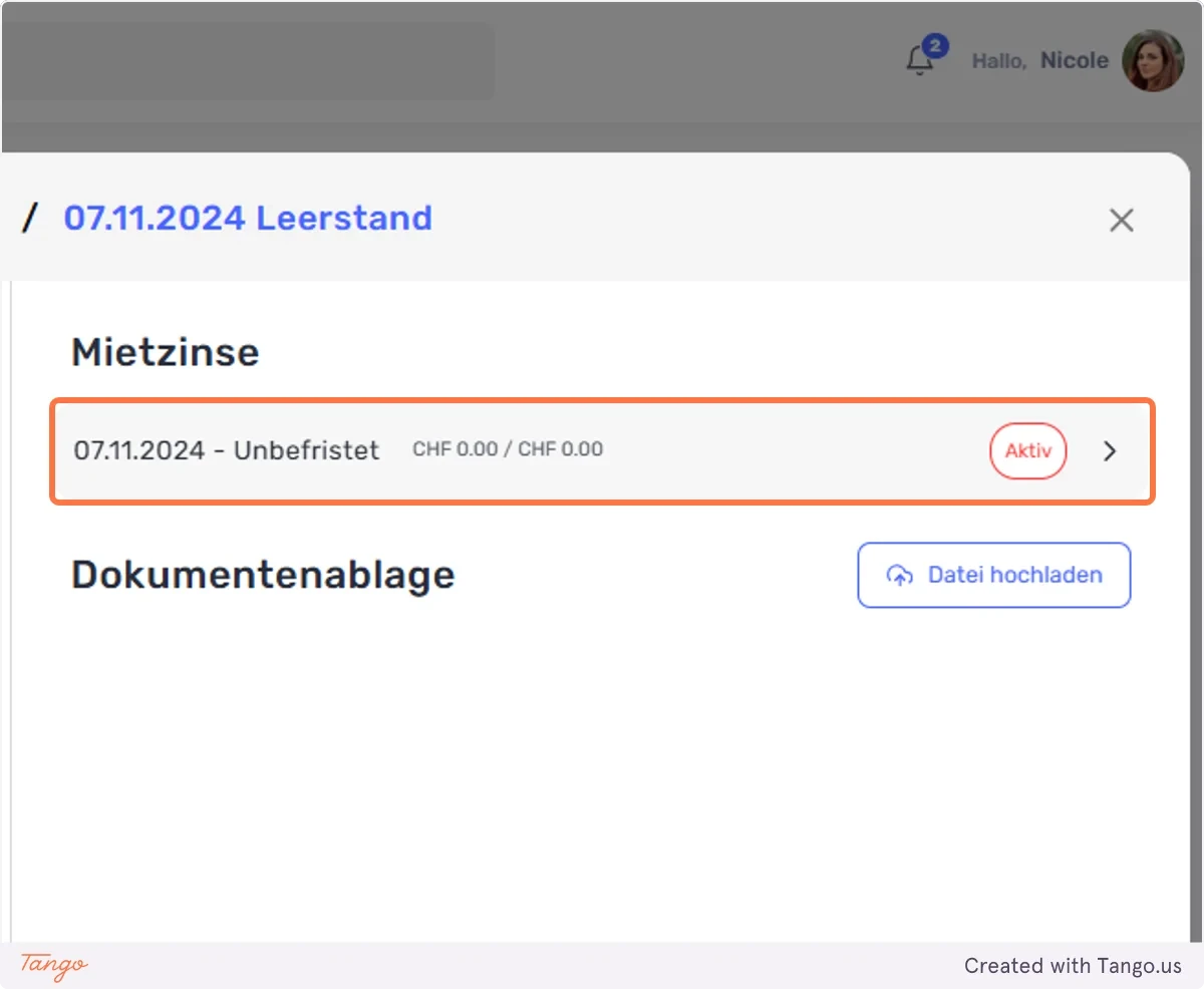 Klicken Sie im Vertrag auf den Mietzins