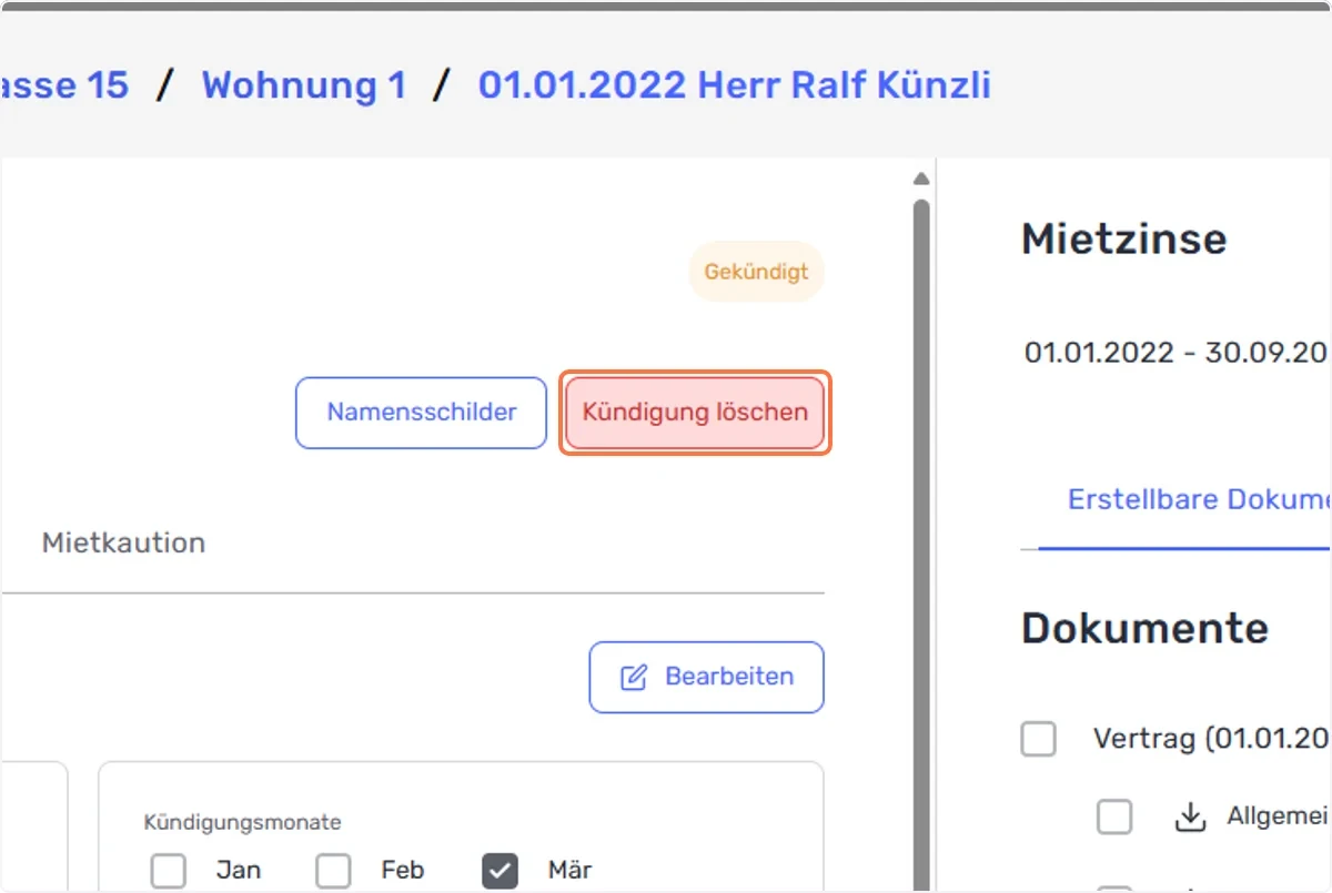 Klicken Sie nun auf den Button “Kündigung löschen”