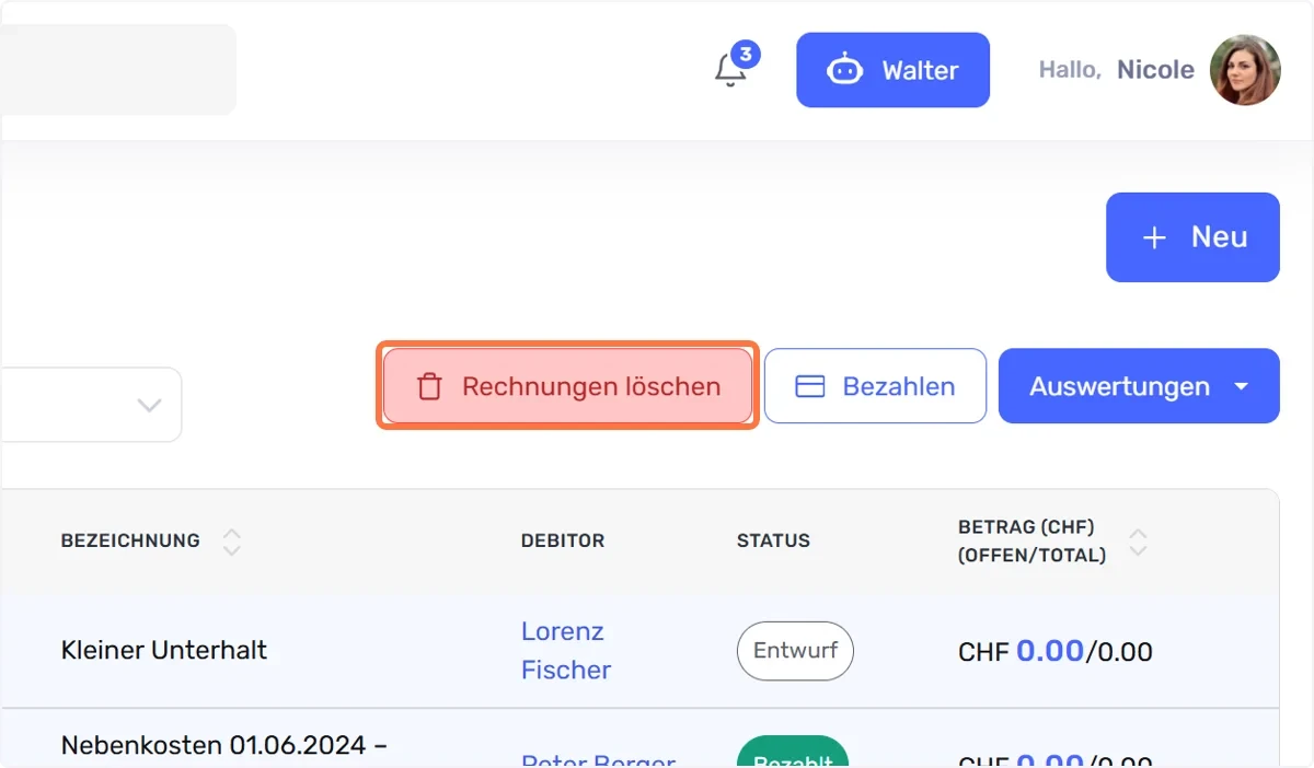 Klicken Sie nun auf Rechnungen löschen