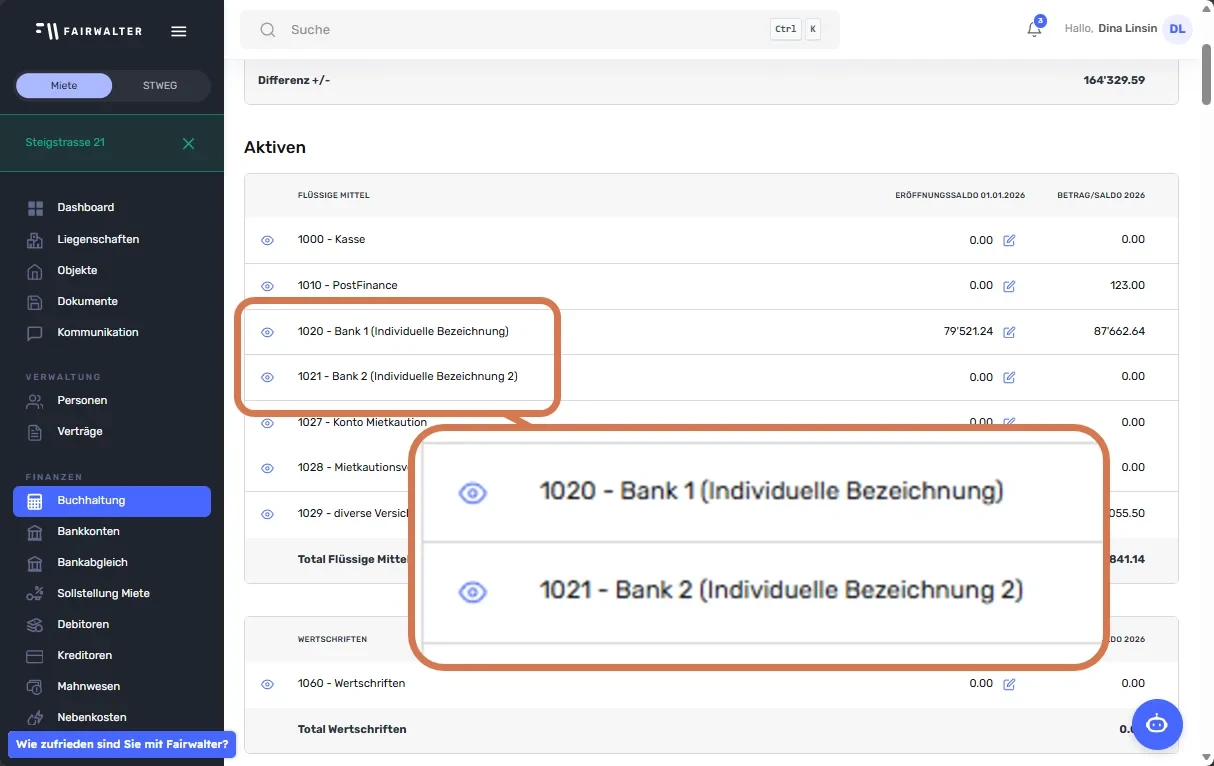 Kontenübersicht der Buchhaltung, Bankkonten 1020 und 1021 mit individueller Bezeichnung markiert