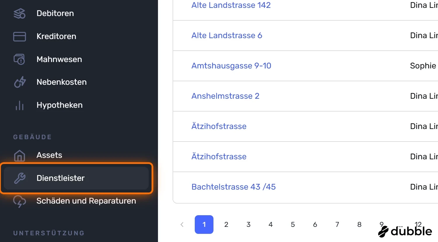 Linkes Menü mit markiertem Eintrag «Dienstleister» unter «Gebäude»