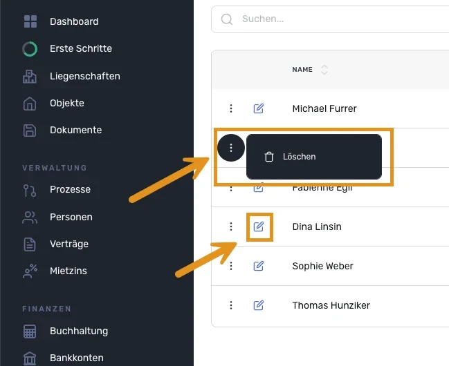 Liste der Mandate, Drei-Punkte-Menü mit «Löschen» und Bearbeiten-Symbol mit Pfeilen markiert